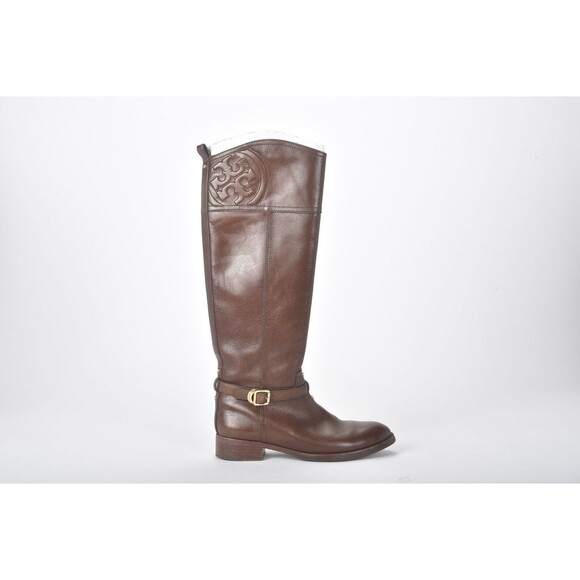 Tory Burch Marlene Embossed Logo Brown Leather Knee High Riding Boots Size 6M